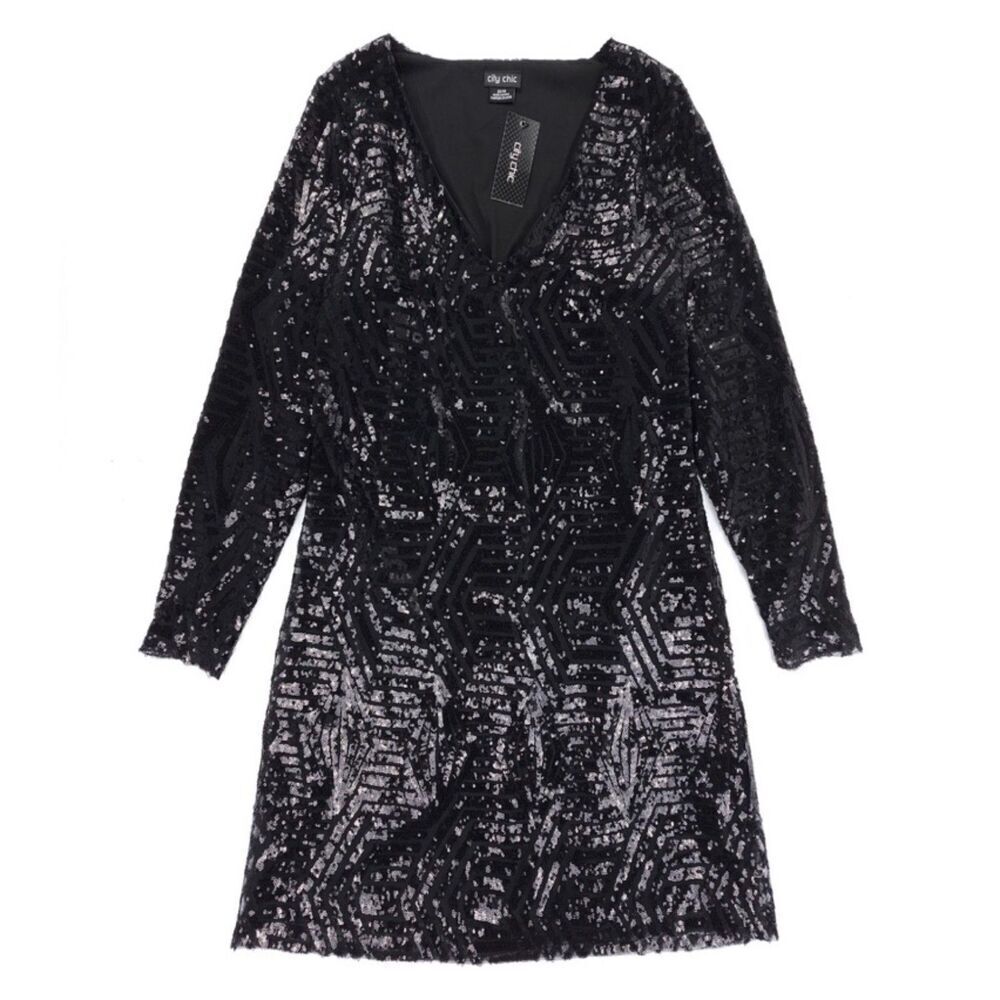 NWT City Chic Bright Lights Dress Sequin Embellished Geometric Black Plus 14